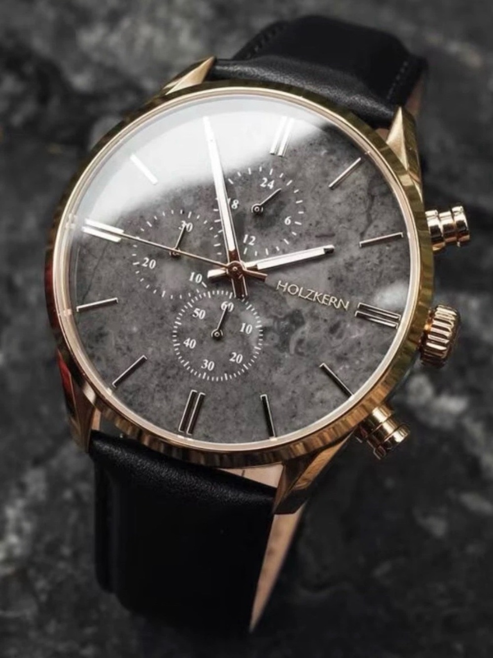 Men's Holzkern Gold Case Black Leather Chronograph Watch